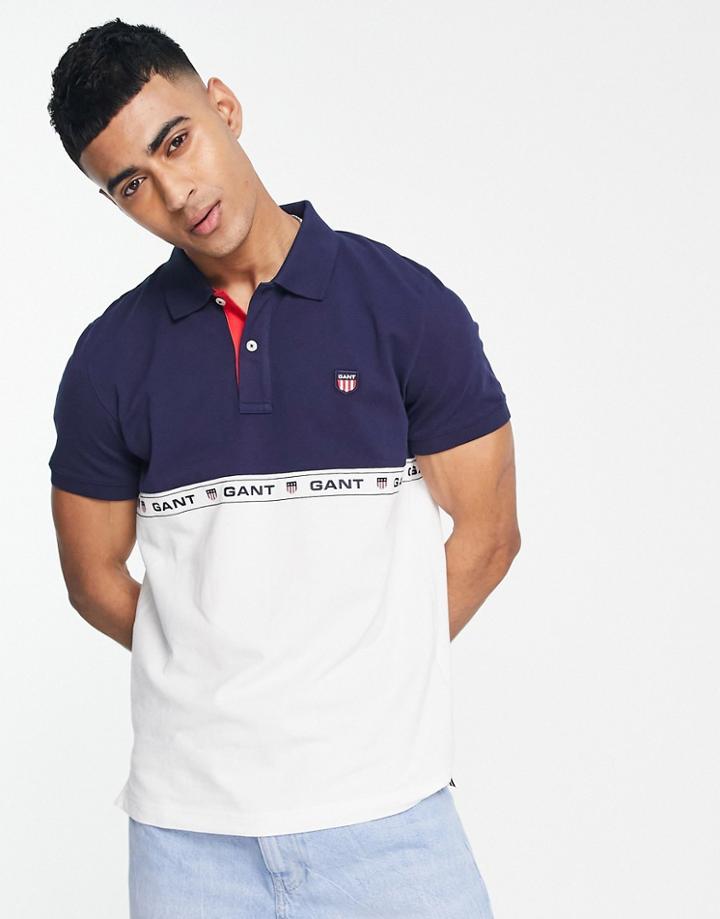 Gant Retro Shield Taped Logo Color Block Pique Polo In Navy
