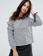 Qed London Gingham Frill Sleeve Smock Top - Navy