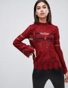 Boohoo Crochet Lace Peplum Hem Flare Sleeve Top In Red - Red