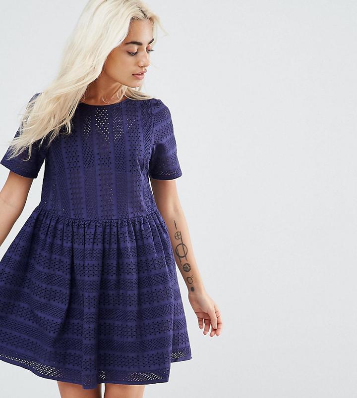 Asos Petite Smock Dress In Lace - Navy