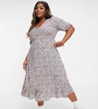 New Look Curve Floral V-neck Button Three-quarter Sleeve Tiered Midi Dress In Black Pattern