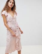 Asos Design Soft Floral Jacquard Midi Tea Dress With Ruffle Hem-pink