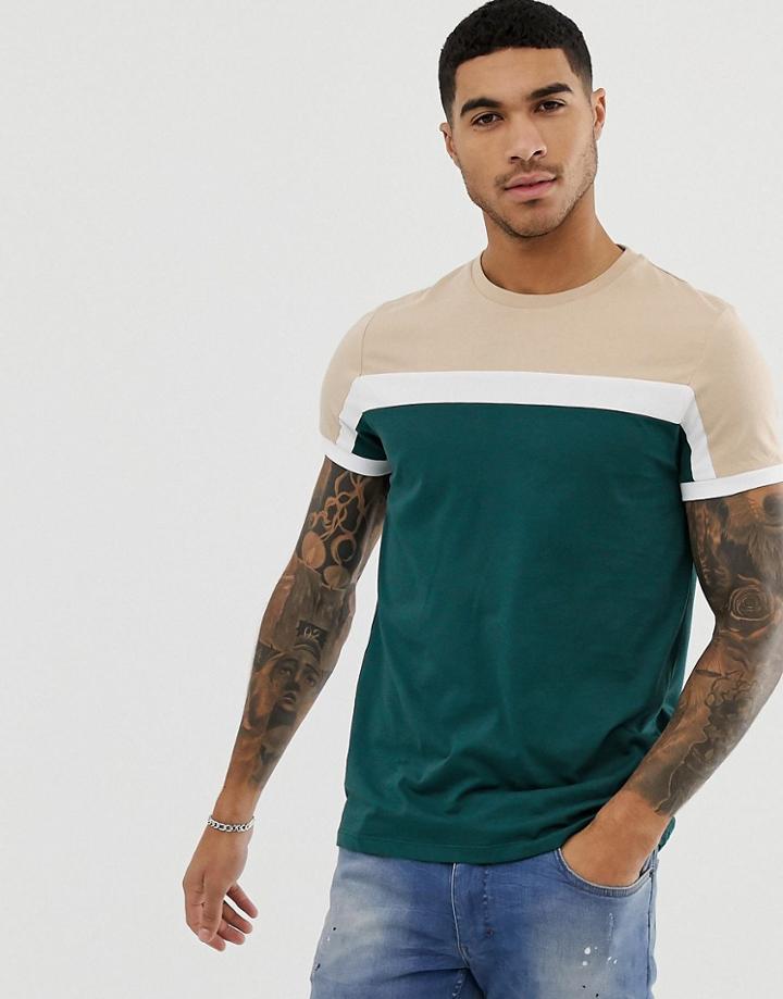 Asos Design T-shirt With Color Block Panels In Green - Green