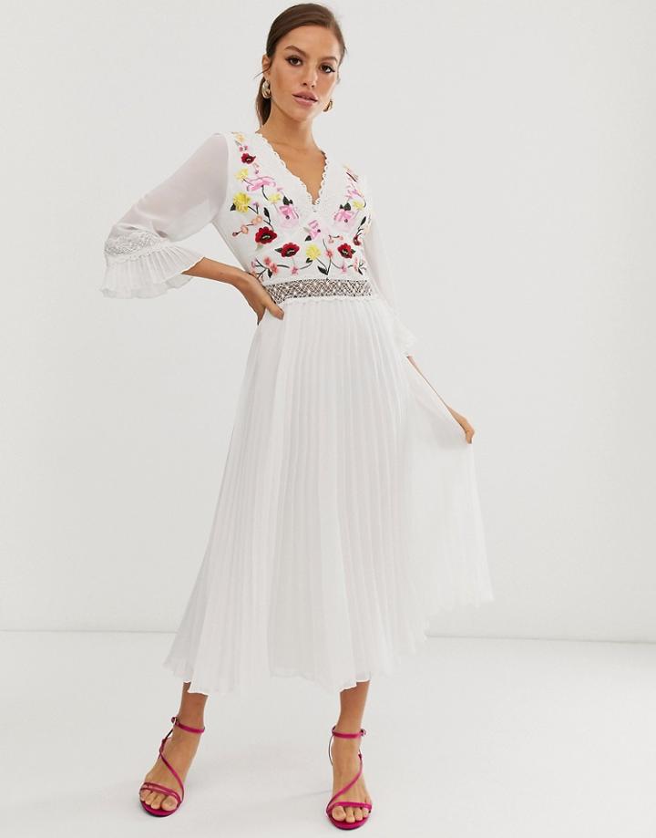 Asos Design Lace Insert Pleated Midi Dress With Embroidery-white