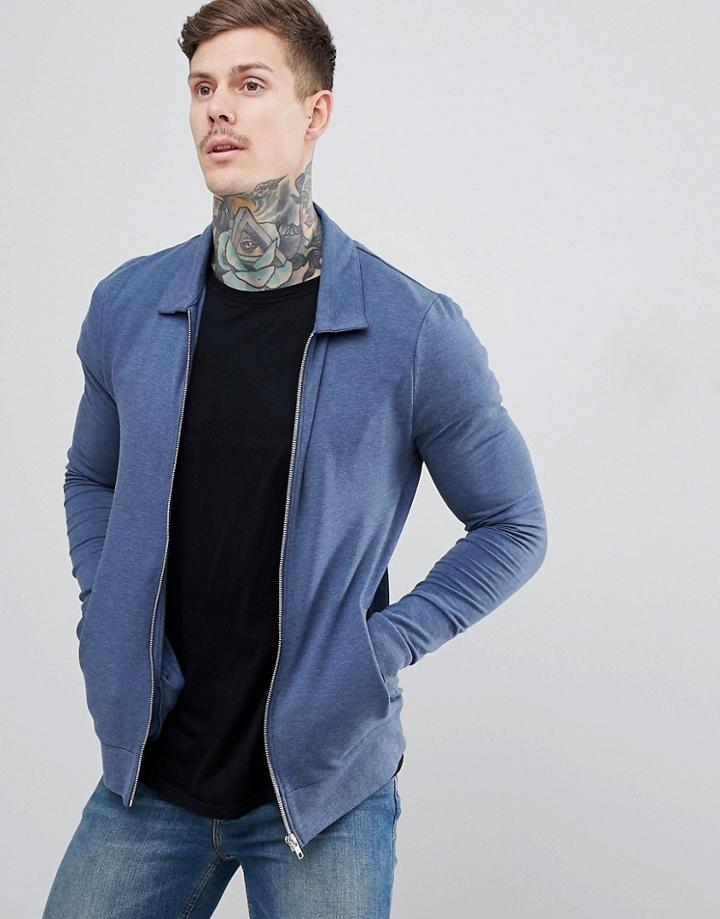 Asos Design Muscle Jersey Harrington Jacket In Dark Denim Marl - Navy