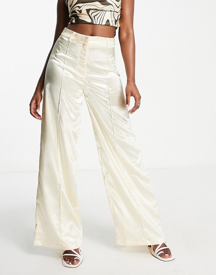 Liquorish Satin Tailored Pants In Ivory - Part Of A Set-white