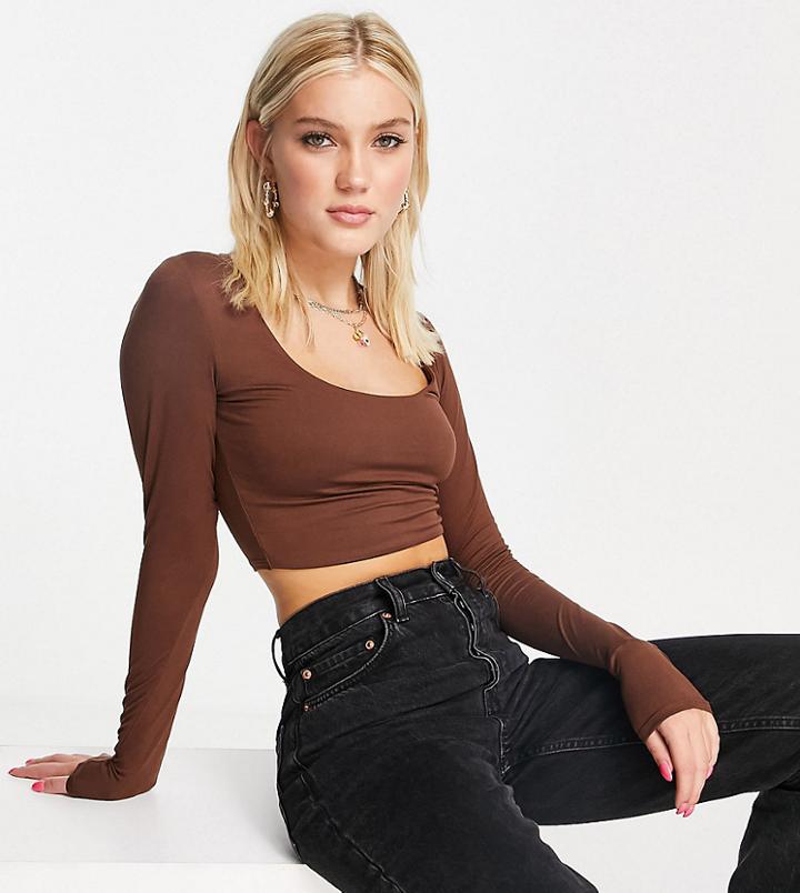 Stradivarius Scoop Neck Long Sleeve Top In Chocolate Brown