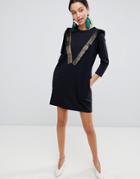 Traffic People Long Sleeve T-shirt Dress With Fringed Detail - Black