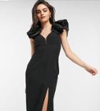 Lusso The Label Exclusive Midaxi Dress With Ruffle And Thigh Split In Black