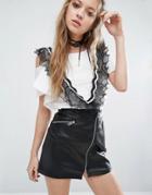 Navy London T-shirt With Cold Shoulder And Exaggerated Frill - White