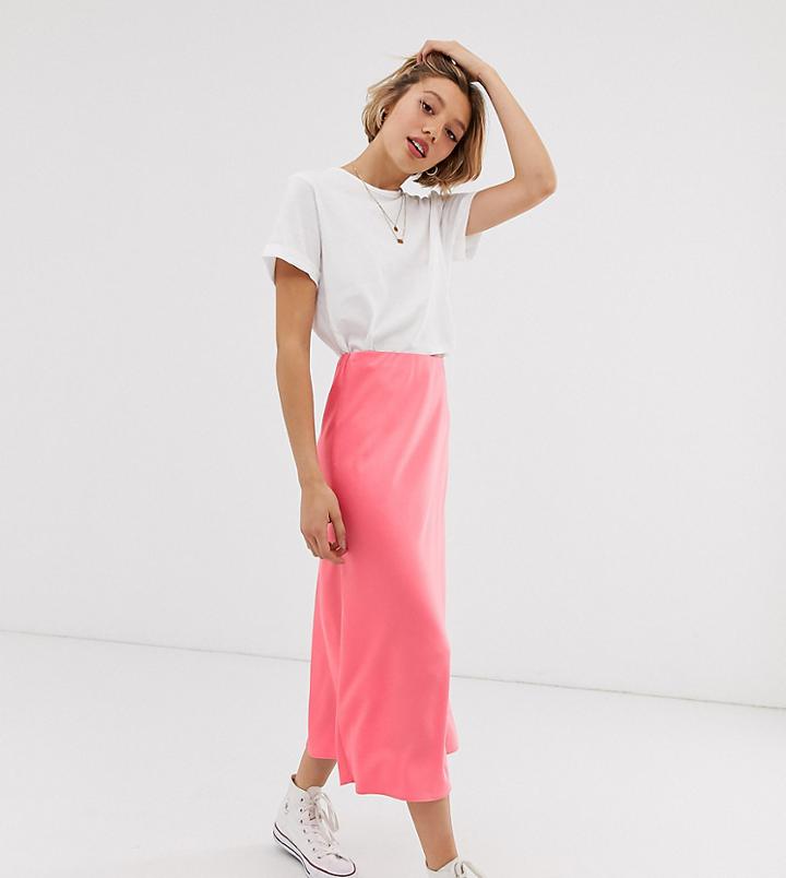 New Look Petite Satin Midi Skirt In Rose Pink