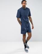 Asos Slim Short Jumpsuit With Grandad Collar In Navy - Navy