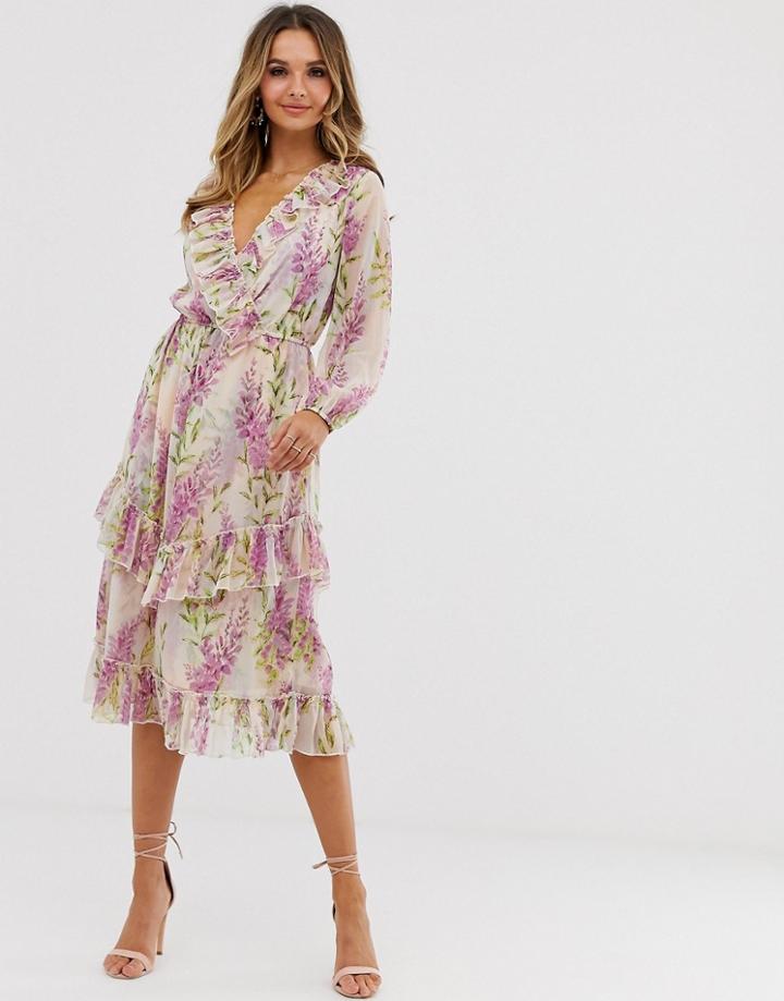 River Island Midi Dress With Ruffle Detail In Pink Floral-purple