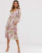 River Island Midi Dress With Ruffle Detail In Pink Floral-purple