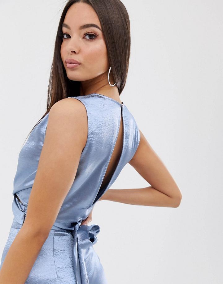 The Girlcode Satin Wrap Around Top In Blue