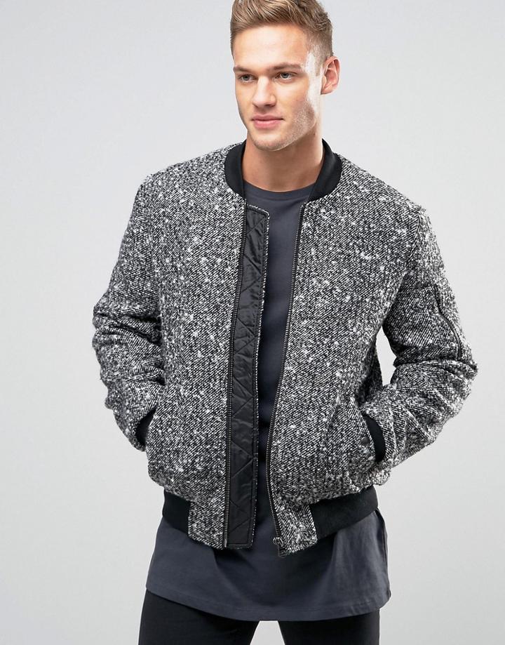 Asos Wool Mix Bomber Jacket With Ma1 Pocket In Salt And Pepper - Black