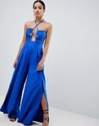 Asos Design Jumpsuit With Cut Out Detail In Jaquard - Blue