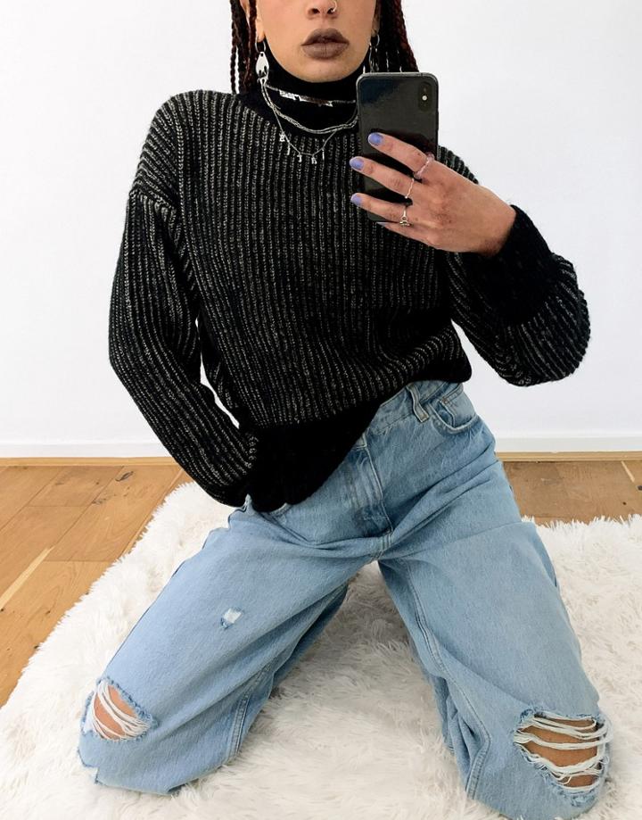 Noisy May Sweater With Funnel Neck And Wide Waistband In Black