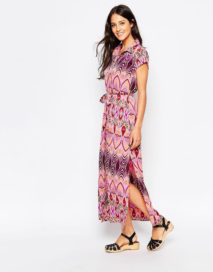 Liquorish Maxi Shirt Dress In Art Noveau Print - Pink