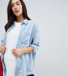 Asos Design Maternity Denim Oversized Shirt In Midwash Blue - Blue