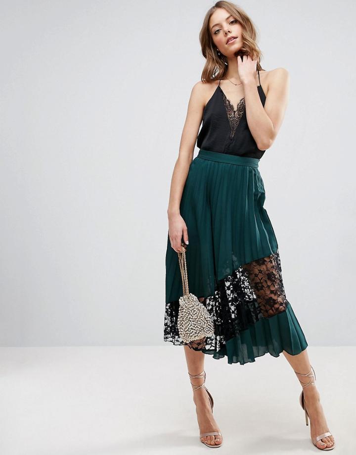 Asos Pleated Midi Skirt With Lace Insert - Green