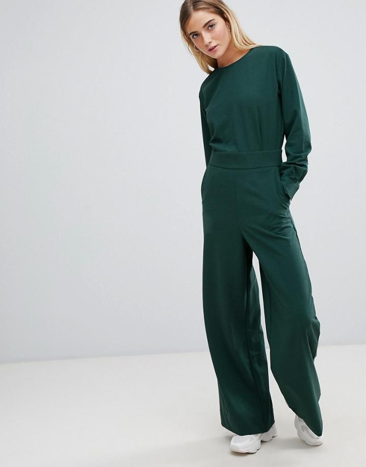 Weekday Wide Leg Open Back Jumpsuit In Dark Green - Green