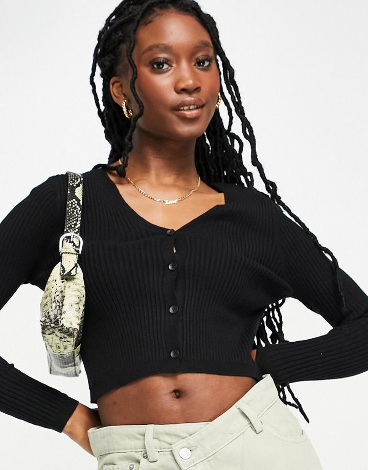 Urban Revivo V Neck Cropped Ribbed Cardigan In Black