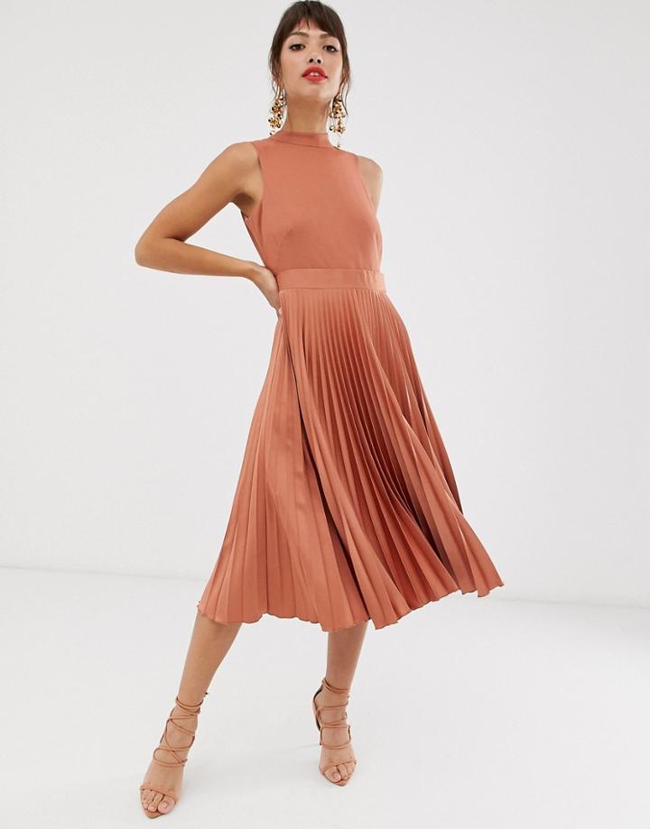 Closet Pleated Skirt Midi Dress In Rust-brown