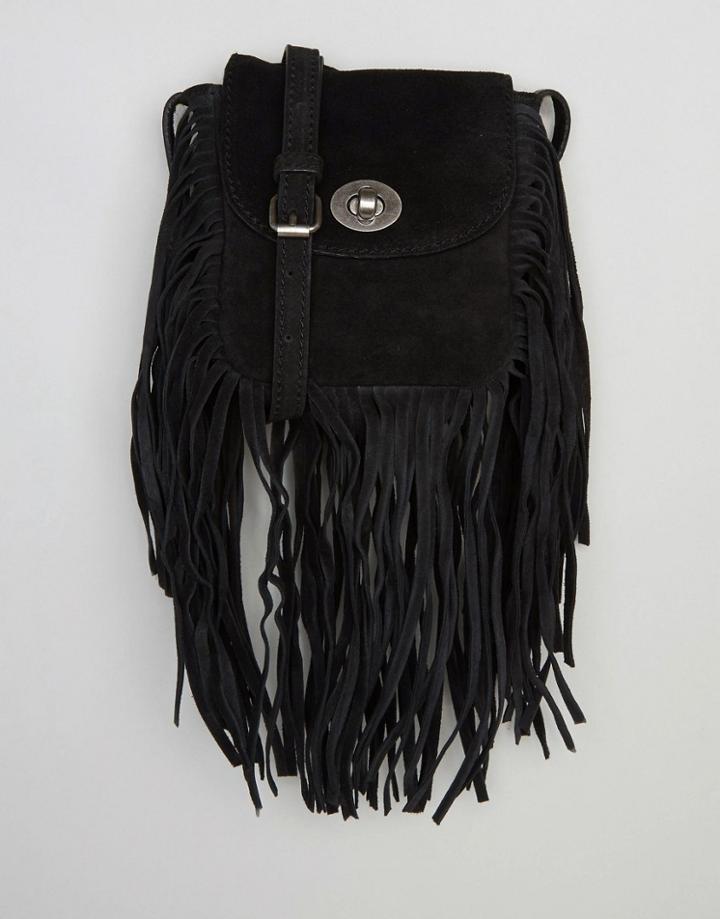 Pieces Suede Fringed Crossbody Bag - Black