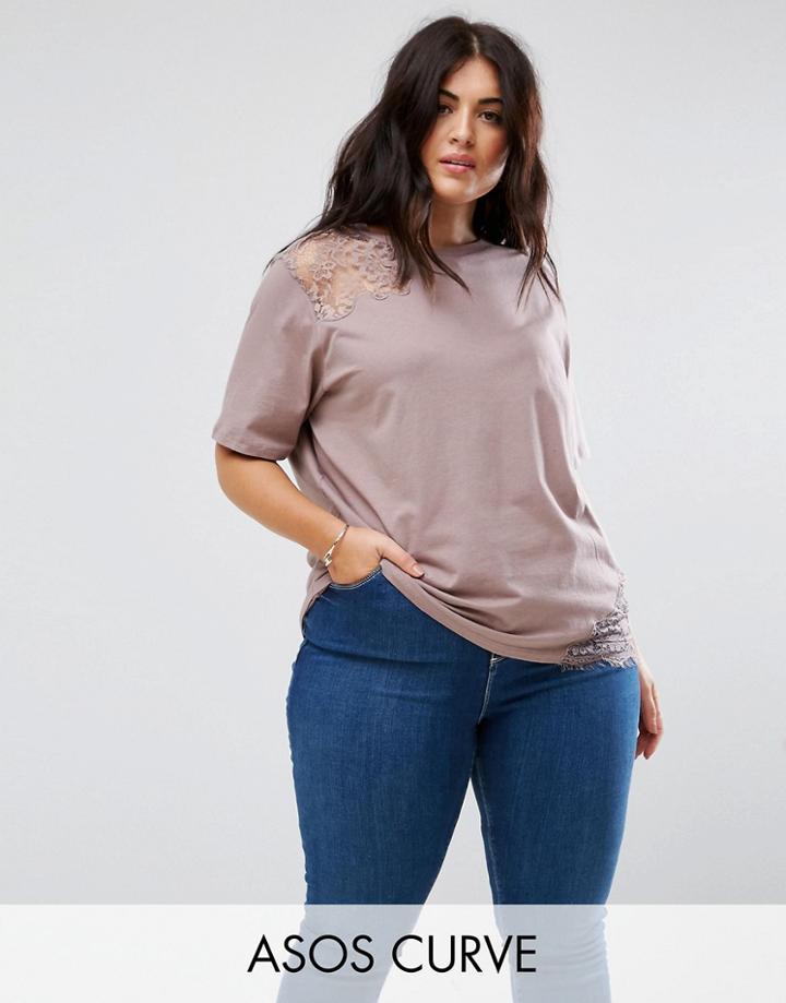 Asos Curve T-shirt With Cutwork Lace - Beige