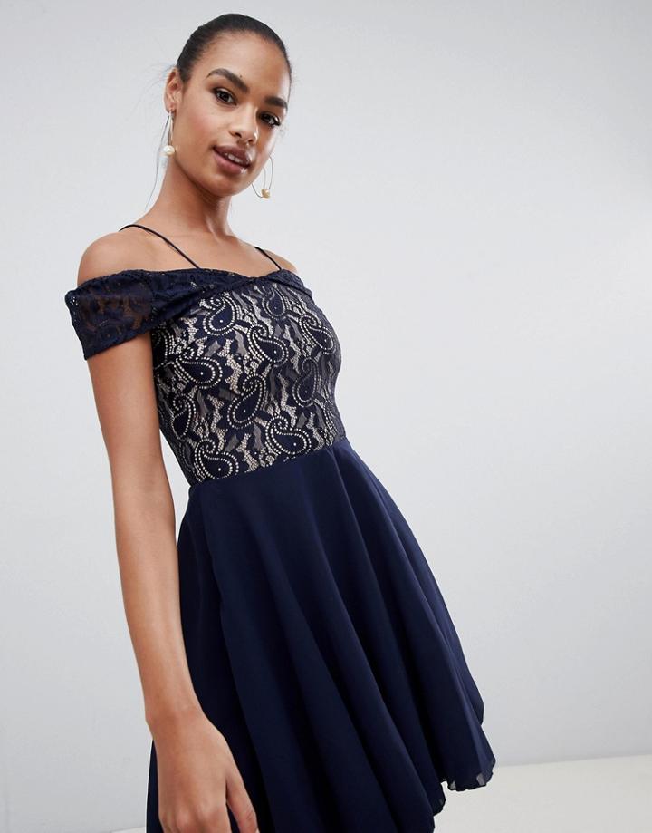 Ax Paris Strappy Cold Shoulder Navy Lace Dress - Navy