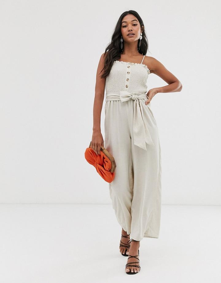 Stradivarius Shirred Bodice Jumpsuit In Beige