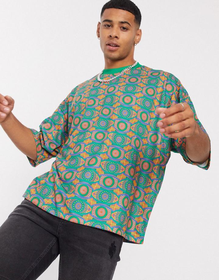 Asos Design Oversized All Over Geo-tribal Print T-shirt-multi