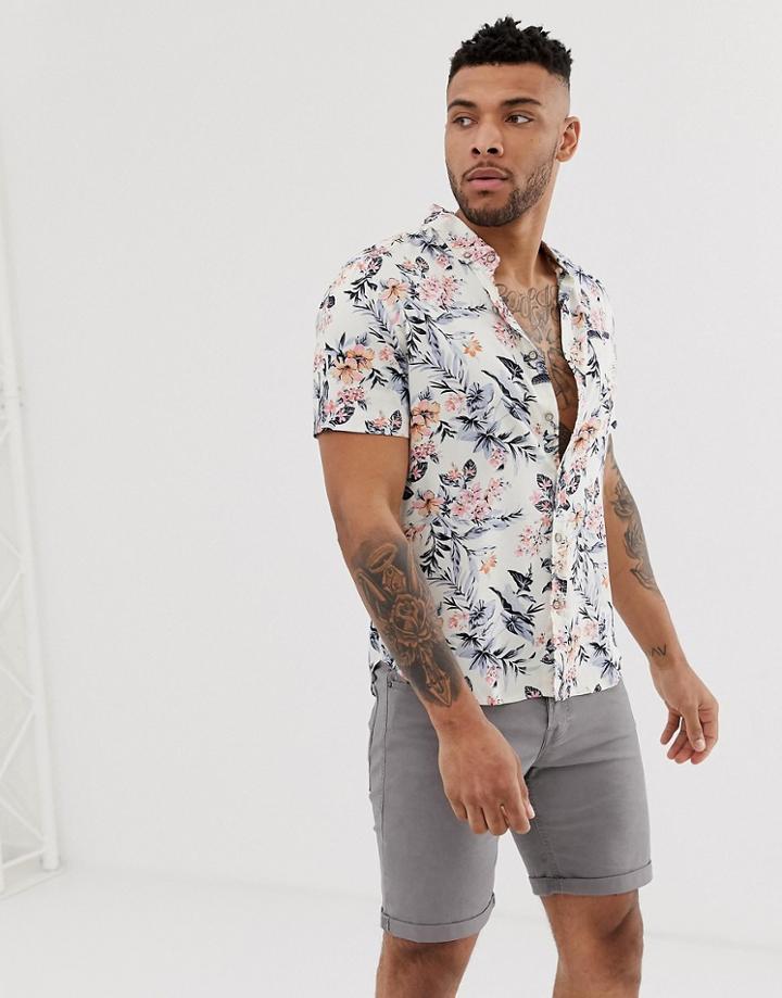 Soul Star Short Sleeve Floral Revere Shirt - Cream