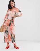 Asos Design Trapeze Maxi Dress With Puff Sleeve In Mixed Daisy Print - Multi