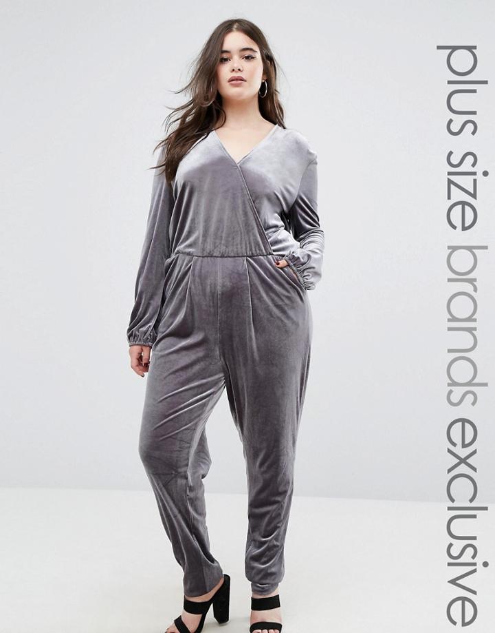 One Day Plus Allover Velvet Wrap Front Jumpsuit - Gray