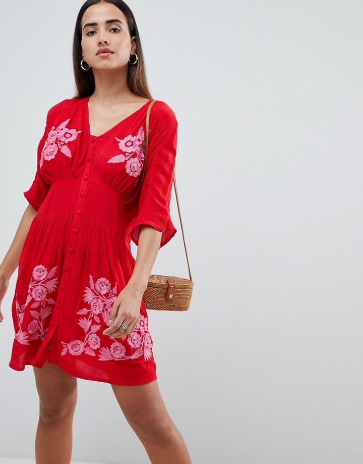 Asos Embroidered Casual Mini Tea Dress With Button Through