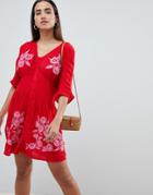 Asos Embroidered Casual Mini Tea Dress With Button Through