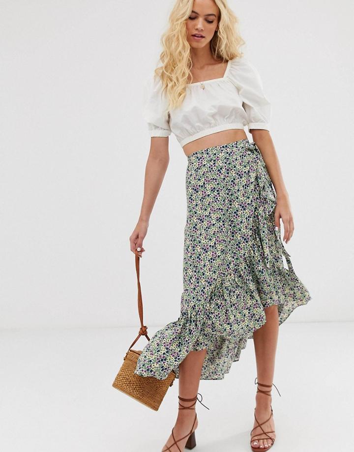 & Other Stories Ruffled Midi Wrap Skirt In Green Floral Print