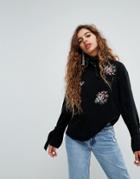 H! By Henry Holland High Neck Sweater With Floral Cross Stitch Embroidery - Black