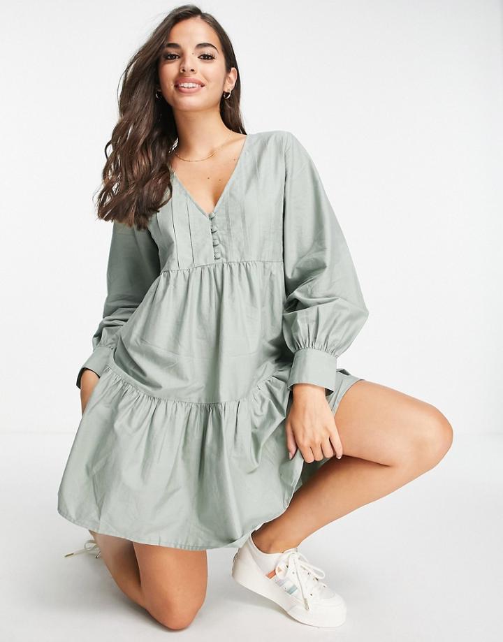Asos Design Cotton Poplin Pintuck Bodice Tiered Mini Smock Dress In Khaki-green