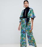 Asos Design Tall Jumpsuit With High Neck In Mixed Print And Velvet - Multi