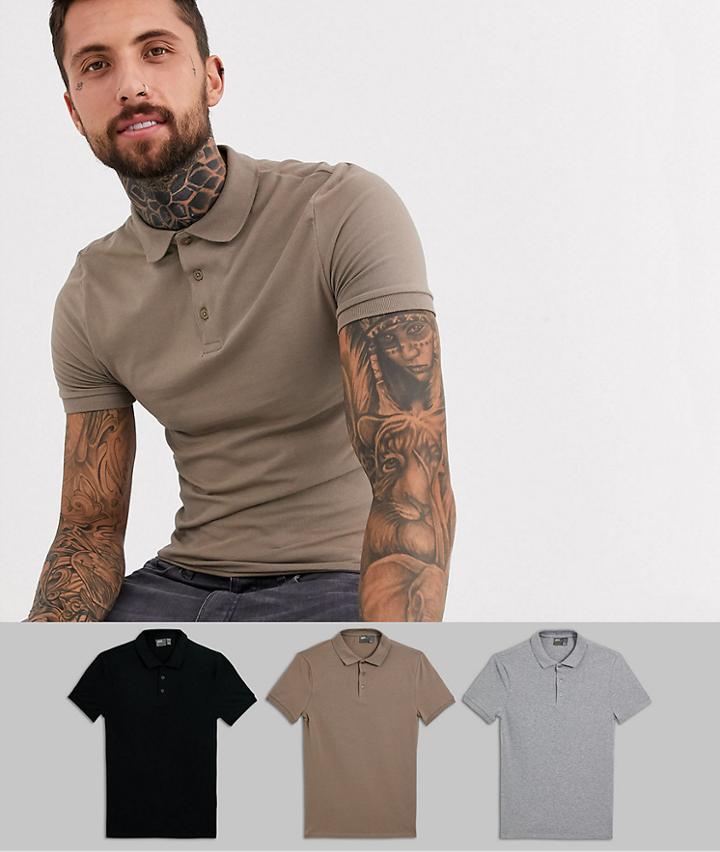 Asos Design 3 Pack Muscle Fit Jersey Polo Save-multi