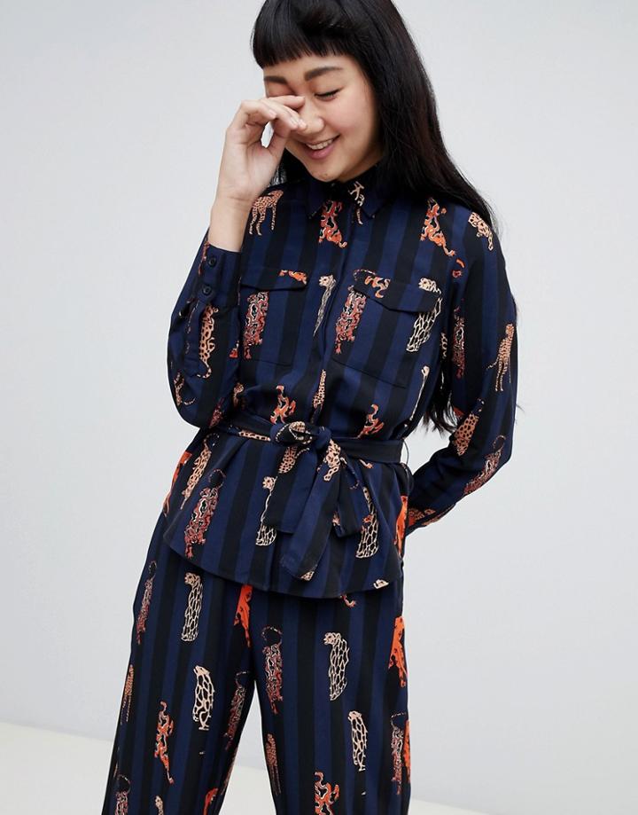 Monki Belteld Stripe Blouse With Leopard Placements In Navy - Multi