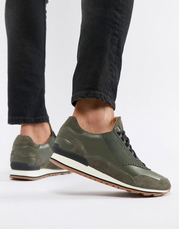 Boss Zephir Leather Sneaker In Khaki - Green