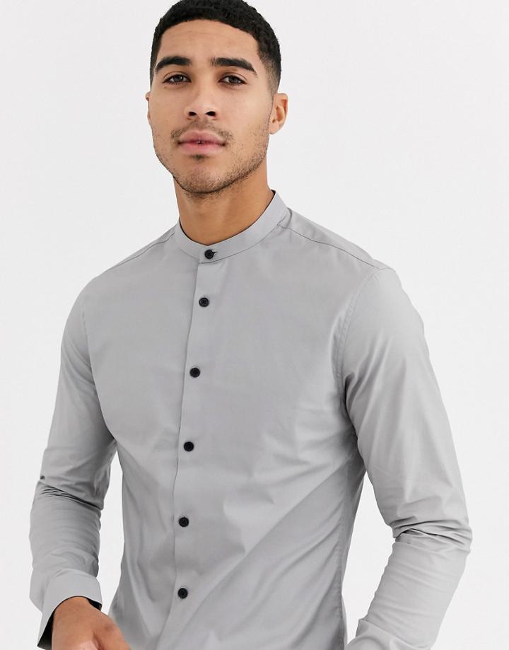 Asos Design Skinny Fit Poplin Shirt In Light Gray With Grandad Collar