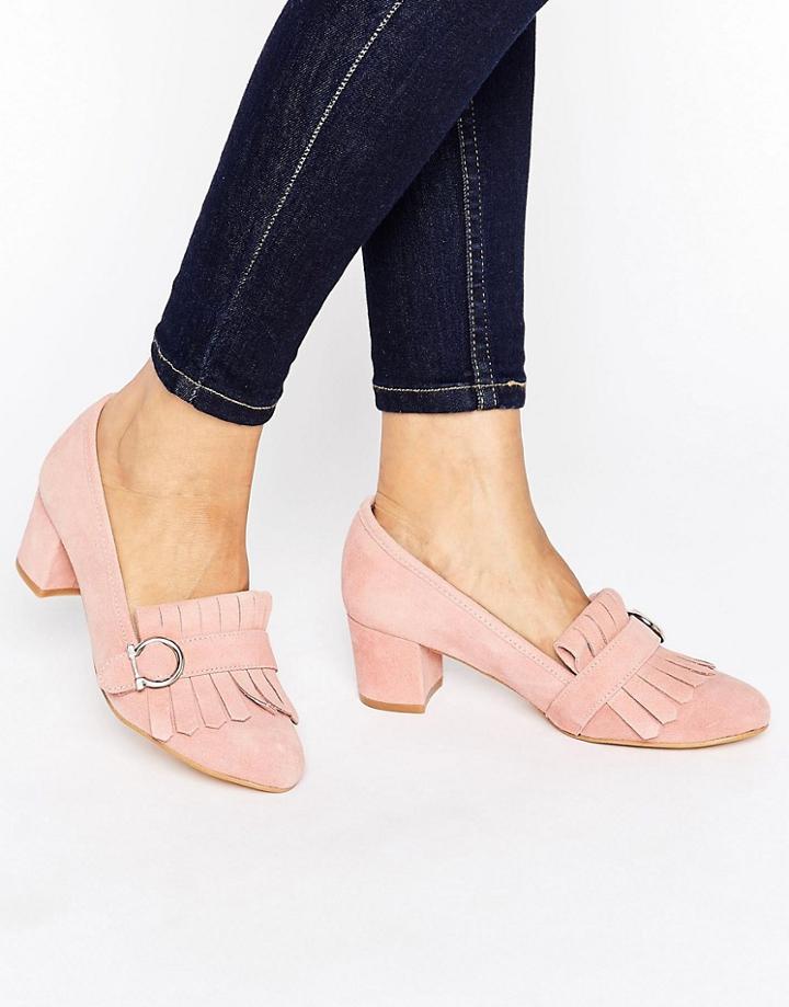 Park Lane Suede Fringe Kitten Heel Loafer - Pink