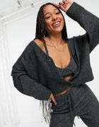 Asos Design Button Through Fluffy Boxy Cardi In Dark Gray-grey