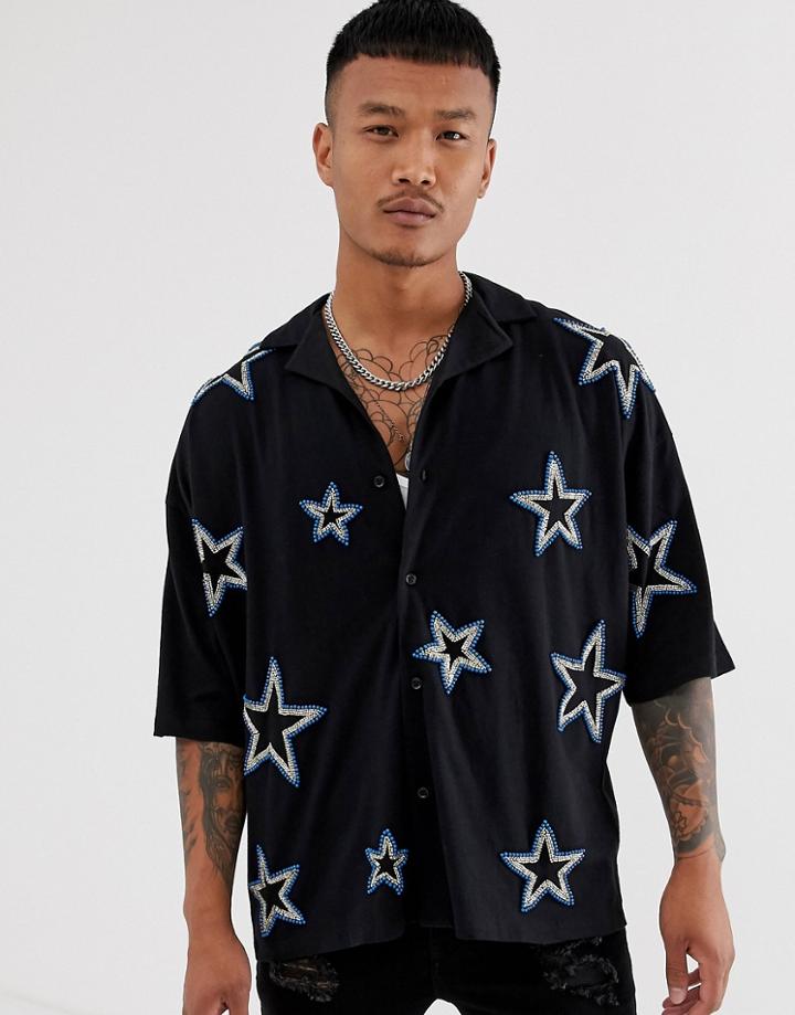 Asos Design Oversized Jersey Polo With All Over Star Embellishment-black