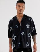 Asos Design Oversized Jersey Polo With All Over Star Embellishment-black